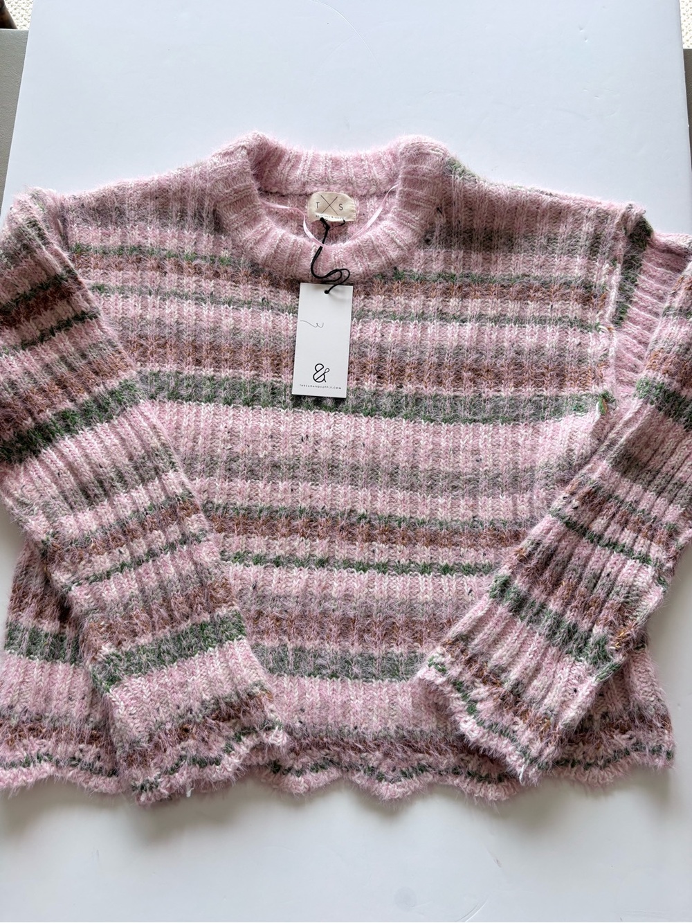 Thread & Supply Pink Striped Fuzzy Crewneck Sweater F1